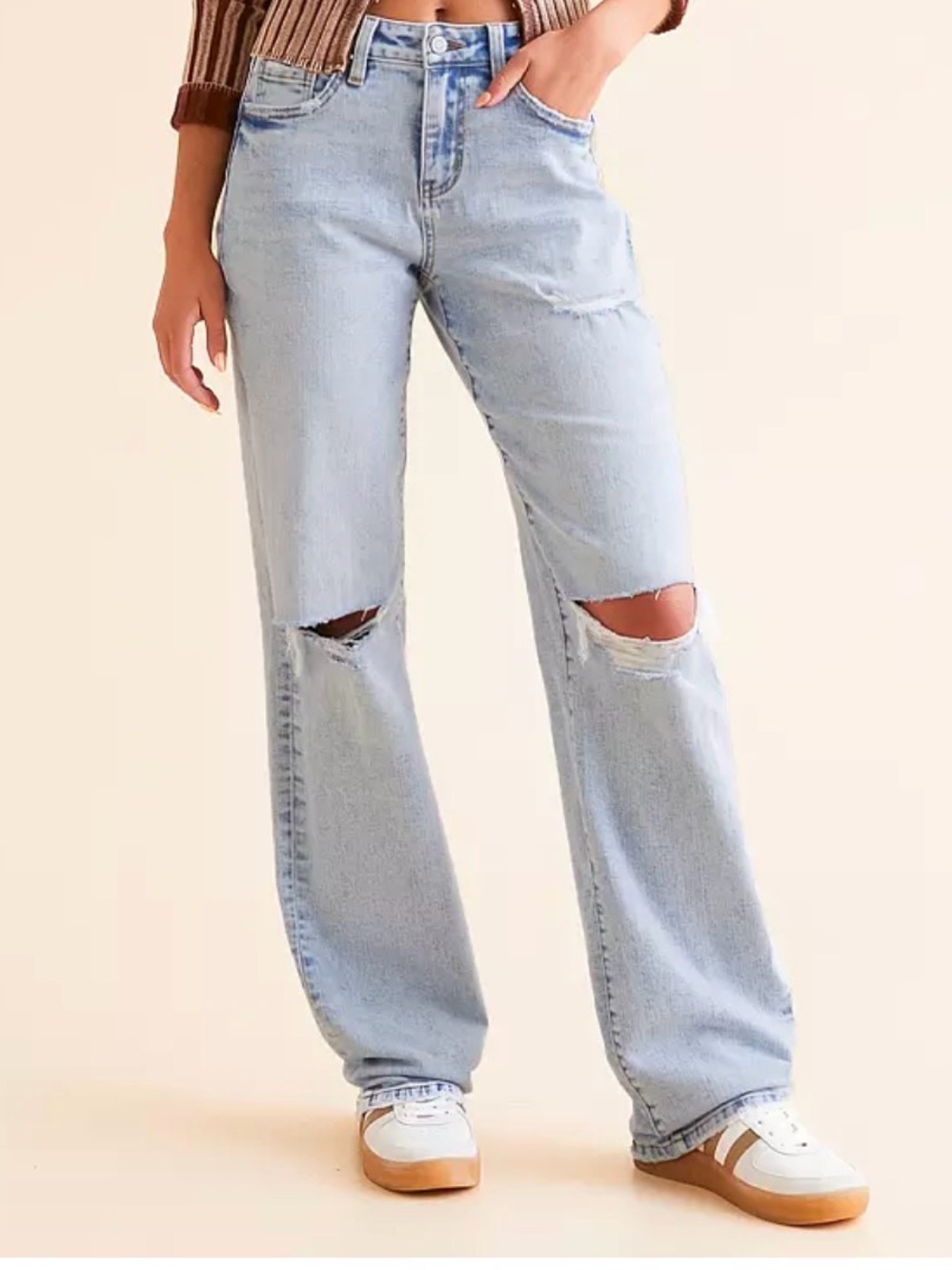 Flying Monkey Light Blue High-Rise Flare Jeans with Knee Rips